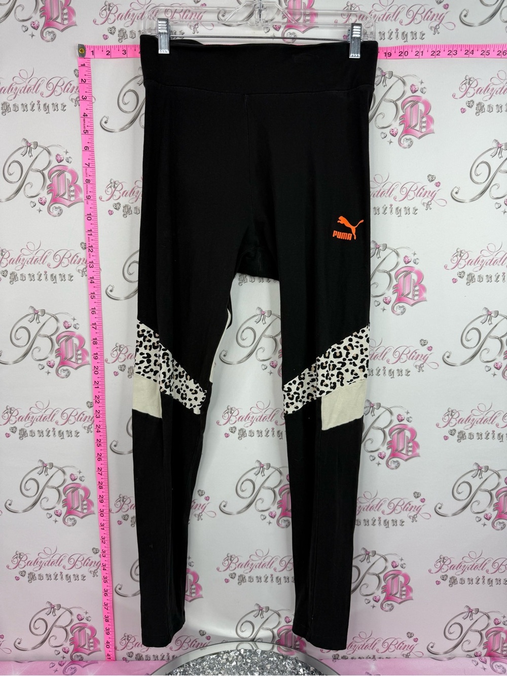 Puma Black Leggings with Cream & Black Leopard Panels and Orange Logo